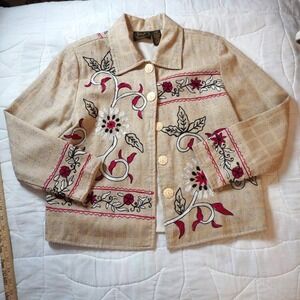 VTG Julia Kay Embroidered Jacket Beige Women's Petite PS Art Teacher Granny 90s